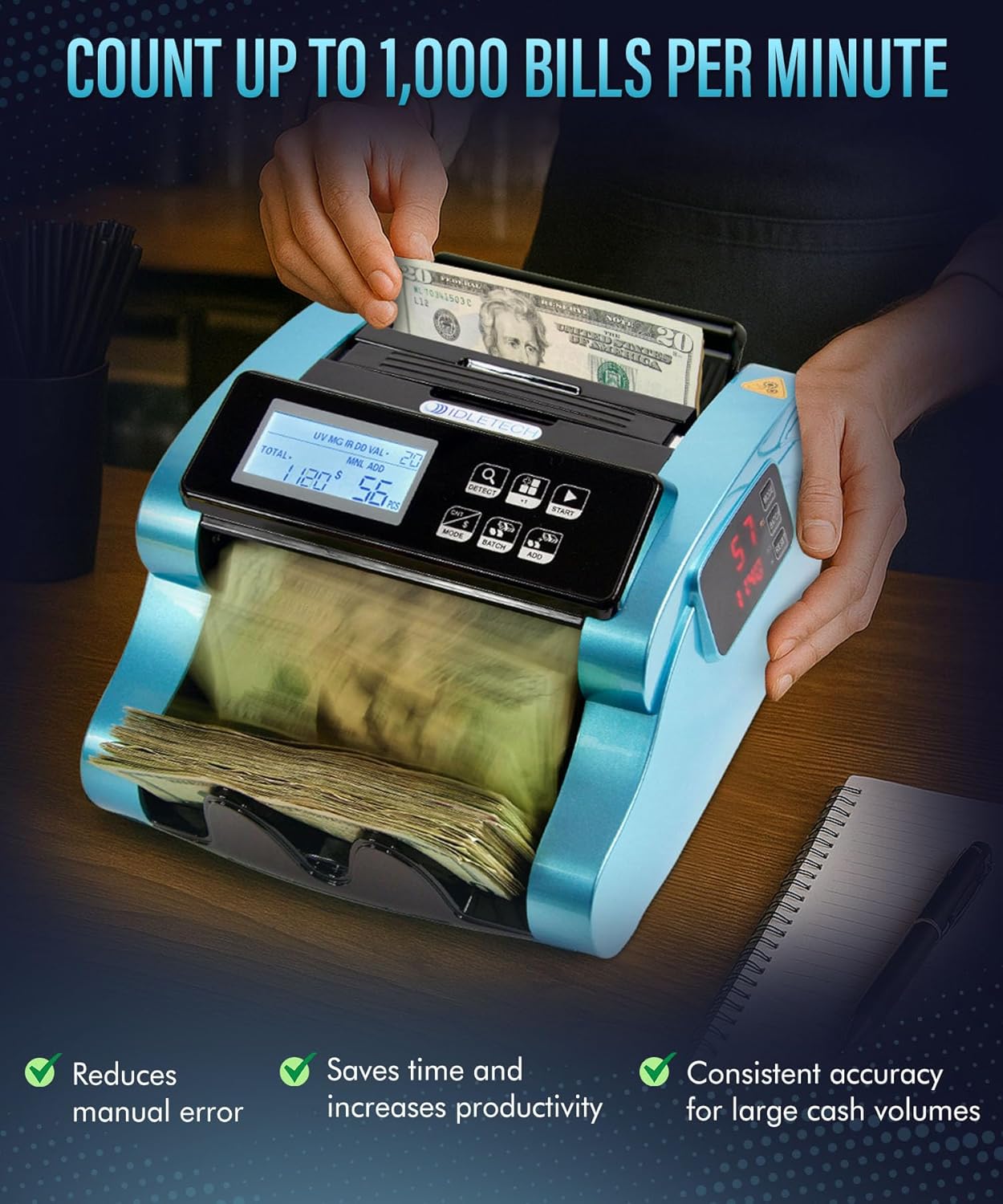SucceBuy 1000 Pcs/Min Money Counter Business Cash Register Bill Counterfeit Bill Detector by UV/MG/IR/DD Function for Bank Store