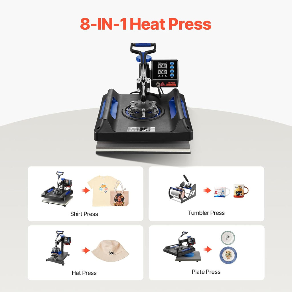 SucceBuy Combo Heat Press Machine 5/6/8 in 1 30*38CM 38*38CM Muntifunctional Sublimation Printer Transfer Mug Hat Plate T-Shirt