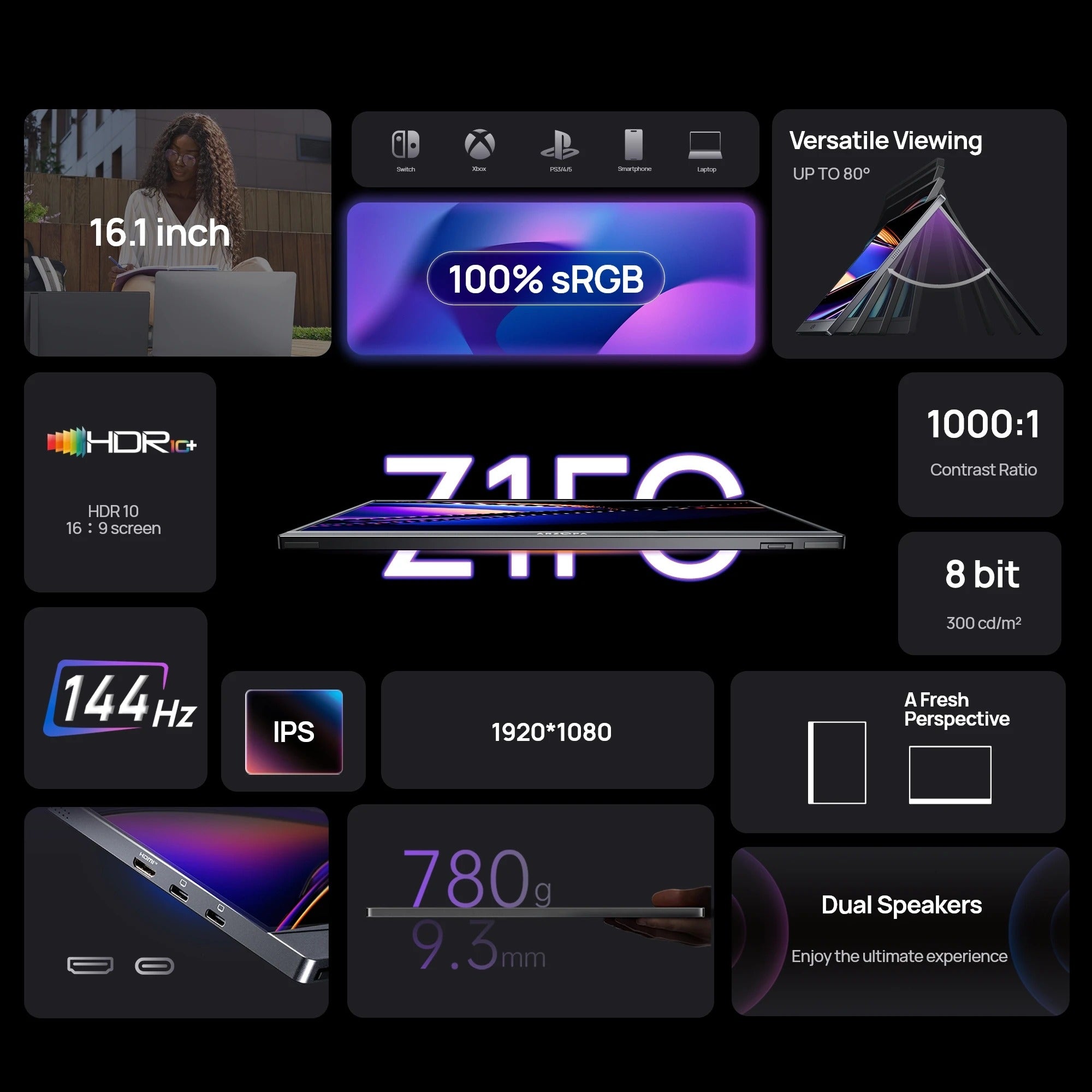 ARZOPA 16.1 inch 100% sRGB 144Hz Portable Monitor Gaming Laptop Display with Type C Mini HDMI For PS/Steam/Deck/Switch/PC/Mac